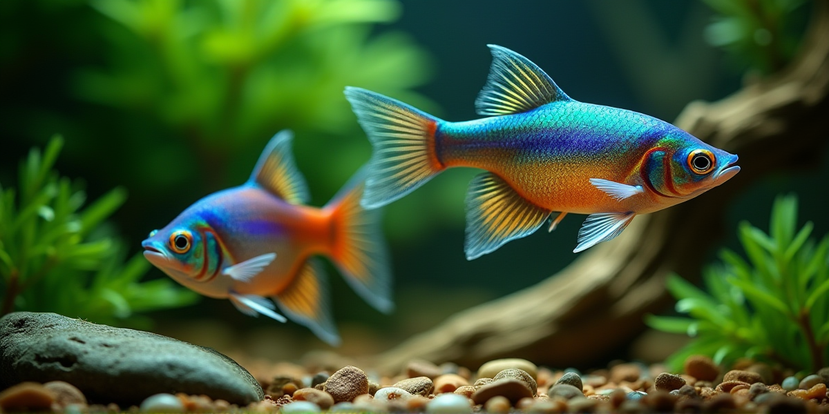 Стая неоновых радужниц в густо засаженном травнике